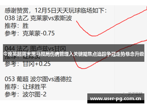 今晚英超周末黑马搅局伤病管理入关键期焦点追踪争冠走势悬念升级
