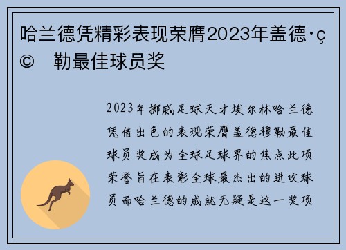 哈兰德凭精彩表现荣膺2023年盖德·穆勒最佳球员奖
